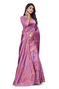 <b>Purple</b> Silk <b>Saree</b> with Floral Embroidery Women India Pakistan Traditional Party Wedding Wear Regular Fit Floor Length Quick Dry - Product Image 5