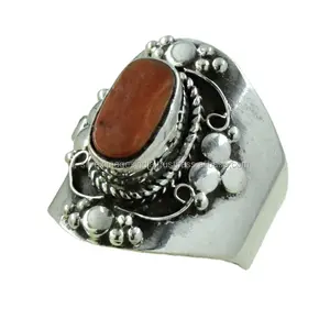 令人印象深刻的珊瑚石925纯银珠宝戒指印度珊瑚戒指银首饰批发商