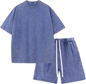Ensemble de sport décontracté d'été pour homme, t-shirt à manches courtes et short, ensemble deux pièces tendance, haute qualité, lavage à l'acide, 100% coton - Product Image 3