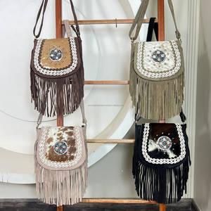 Nouveau sac bandoulière en daim de vachette véritable de qualité supérieure pour femme, style western bohème, avec rabat en pierre et pompons - Product Image 5