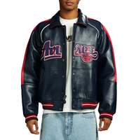 Chaqueta Varsity de Cuero Azul Marino para Hombre Avirex con Detalles Rojos, Logotipo Bordado, Cierre Frontal con Cremallera, Símbolo de Energía Lime, Impermeable para Invierno