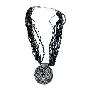 Ethnic Black Crystal <b>Beaded</b> <b>Necklace</b> with Oxidized Silver Round Pendant - Luxe <b>Beaded</b> <b>Necklace</b> with Intricate Silver Pendant - Product Image 2