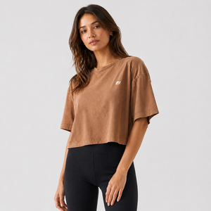 Women's Brown Color Crop <b>Top</b> Crew Neck Short Sleeve Loose Fit Casual Knitted Cotton Shirt Solid Color Front Logo women's shirt - Product Image 1