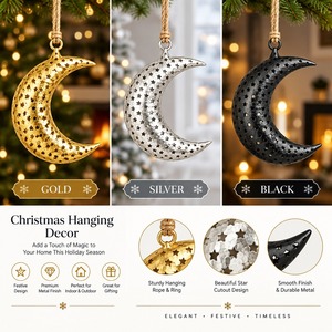 Ornement suspendu en forme de lune en métal argenté avec découpes en forme d'étoile, décoration de style vintage, décoration pour arbre de Noël - Product Image 3