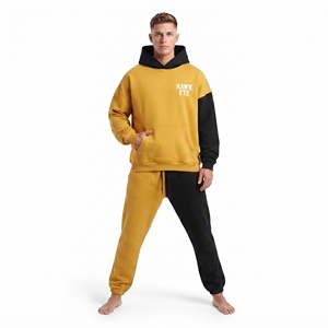 Ensemble de survêtement personnalisé pour homme en molleton 100% coton, coupe oversize, avec sweat à capuche à épaules tombantes et pantalon de jogging coupe décontractée, bicolore et à blocs de couleur contrastés - Product Image 4