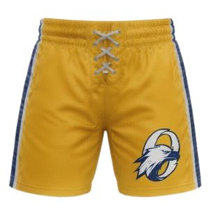 Shorts de sport pour hommes, jaunes, imprimés sublimés, en polyester, avec cordon de serrage et bande latérale, pour l'entraînement et les tenues d'équipe - Product Image 1