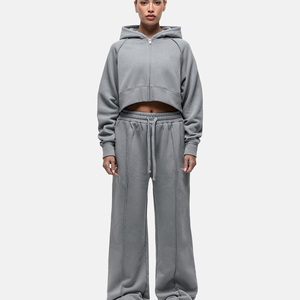 Conjunto de Sudadera Corta con Capucha Gris para Mujer, Pantalones Deportivos Largos, Casual, 2 Piezas, Felpa, Corte Holgado, para Todas las Temporadas, Tejido de Algodón - Product Image 5