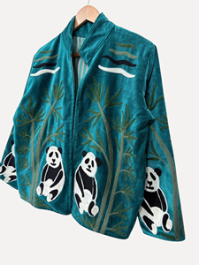 Manteau en velours bleu sarcelle brodé panda, col mandarin, manches longues, grande taille, décontracté pour femme, style chinois, pour l'automne - Product Image 3