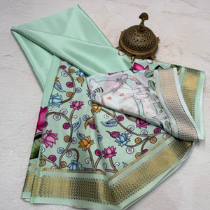 Sari vert pastel élégant avec bordure imprimée et motif ethnique - Product Image 3
