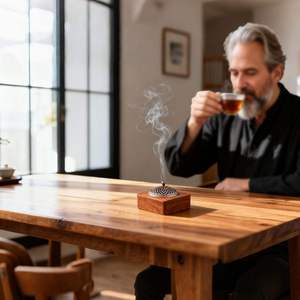 Brûleur d'encens carré en bois moderne, Mabkhara en bois avec finition antique et couvercle filigrané pour Oud et Résine - Product Image 6