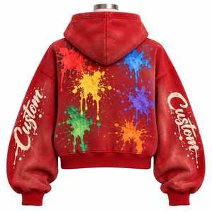Custom Embroidered Floral Pocket Oversized <b>Crop</b> Long Sleeve Hoodie Red Unisex Casual 100% Cotton Fleece <b>Sweatshirt</b> Autumn Wear - Product Image 6