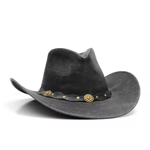Sombrero de Vaquero de Cuero Negro Desgastado Midnight Outlaw con Banda de Conchos Dorados Antiguos, Sombrero de Vaquera Vintage de Ala Ancha Estilo Western - Product Image 2