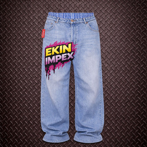 Jean en denim taille mi-haute, délavé et déchiré, coupe ample à jambe large, double taille, avec empiècements, logo personnalisé, style streetwear, 100% coton, pour le voyage, vente en gros - Product Image 1