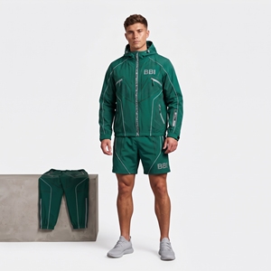Conjunto deportivo de 3 piezas para hombre, negro con diseño de circuito en oro rosa, chaqueta con capucha, pantalones cortos deportivos, pantalones de chándal ajustados, ropa deportiva para correr - Product Image 2