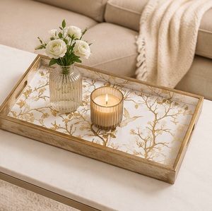 Ensemble de plateaux de service en bois émaillé blanc et or, faits à la main, écologiques, luxueux, modernes et décoratifs pour hôtels, maisons et cadeaux - Product Image 2