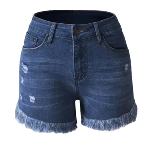 Shorts de mezclilla rasgados de cintura alta para mujer, transpirables, con bordado floral y borde con flecos, elásticos, lavados, pantalones cortos de verano. - Product Image 1