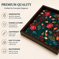 Plateau de rangement carré en bois, motif floral, finition laquée, style moderne, utilisation en cuisine, multifonctionnel, compatible lave-vaisselle, capacité 0-1L