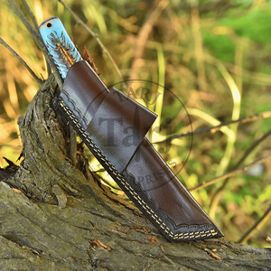 Couteau de chasse à lame fixe droite en acier Damas personnalisé, pointe clip, utilitaire extérieur, manche en résine, étui en cuir, OEM EDC de haute qualité - Product Image 6