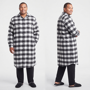 Chemise longue en flanelle à carreaux pour homme avec poche poitrine, 100% coton, pour l'hiver, vêtement de nuit - Product Image 1