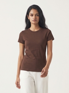 Camiseta de Corte Regular para Mujer, Color Marrón Clásico, Cuello Redondo, Manga Corta, Informal, Cómoda, Prenda Básica de Moda para el Día a Día - Product Image 2