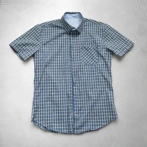 Wholesale Custom <b>Mens</b> Blue White Gingham <b>Check</b> Casual <b>Shirt</b> <b>Short</b> <b>Sleeve</b> Chest Pocket Light Blue Inside Collar Plain No Logo - Product Image 1