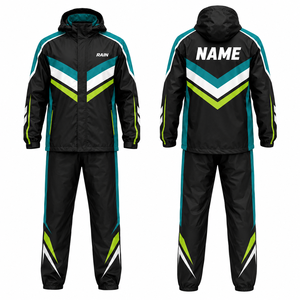Rain <b>Men's</b> Waterproof Sporty Hooded PU Bomber <b>Jacket</b> Black Teal Green Geometric Print Zipper Closure <b>Summer</b> - Product Image 1