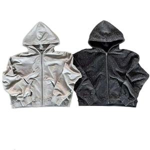 Sweat à capuche zippé personnalisé en coton 100% avec strass, effet délavé, style vintage, streetwear pour homme - Product Image 3