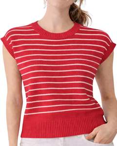 Suéter de punto sin mangas a rayas rojas y blancas para mujer, chaleco ligero con cuello redondo, top informal de moda de verano para mujer - Product Image 1