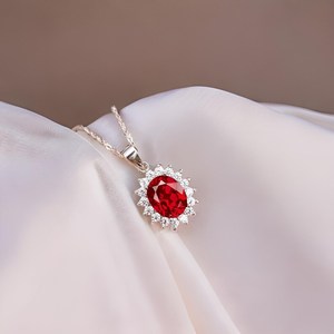 จี้รูปไข่ประดับทับทิมเงินแท้ทรงโอเวลล์ ประดับเพชร CZ รอบเพชร งานแฮนด์เมด เครื่องประดับอัญมณี สำหรับผู้หญิงและเด็ก ขายส่ง - Product Image 1