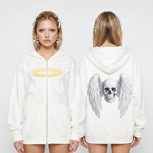 Sweat à capuche pour femme 400 GSM gris anthracite délavé, épais, avec détails déchirés et troués, motif crâne cornu, style gothique streetwear - Product Image 5