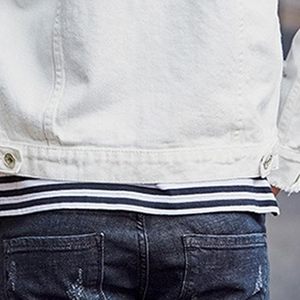 Veste en jean blanche pour homme, décontractée, boutonnée, déchirée, couleur unie, coupe classique, automne-hiver, effet acide, 100 % coton, lavable - Product Image 5