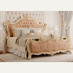 Cama de Madera de Caoba Tapizada Personalizada de Estilo Francés Europeo Clásico de Lujo, Muebles para Dormitorio - Product Image 1