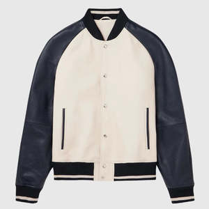 Veste varsity pour homme en crème avec manches en cuir noir, col rabattu, fermeture à un bouton, style décontracté d'automne - Product Image 6
