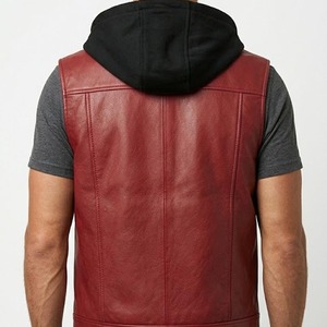 Chaleco con capucha de cuero genuino para hombre, con cremallera, estilo motero, sin mangas, chaqueta cortavientos de otoño - Product Image 5