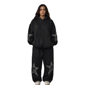 Ensemble de survêtement à capuche noir à imprimé étoiles pour femme, coupe ample, manches longues, décontracté, 100 % coton, pour l'automne, avec poches latérales - Product Image 5