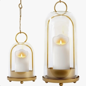 Ensemble de Porte-Bougies Dôme en Métal Doré - Lanterne Pilier Moderne avec Chaîne Suspendue, Fait Main, Durable, Écologique pour Décoration de Table et de Plafond - Product Image 2