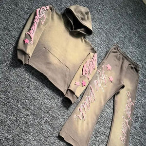 Custom logo Men Puff Print Solid <b>Colour</b> Vintage Acid Wash Hoodie and Flare Sweatpants <b>Set</b> Sun Faded Sweat Suit Tracksuit - Product Image 6