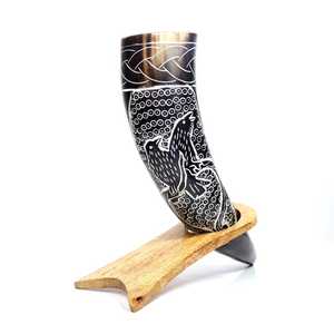New Viking <b>Drinking</b> Horn Modern Handmade Engraved Real Touch Buffalo Horn Mug with Wooden <b>Stand</b> Holder World Craft Impex - Product Image 1