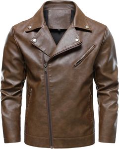 <b>Men</b> Brown PU <b>Leather</b> Moto Biker <b>Jacket</b> Zipper Front Turn-down Collar Regular Sleeve Slim Fit Solid Color Autumn Style - Product Image 3