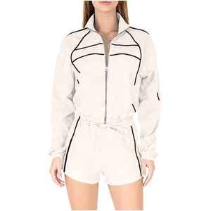 Ensemble de survêtement sportif deux pièces blanc pour femme avec fermeture éclair et bordure noire, short et veste amples, tenue décontractée printemps-été - Product Image 5