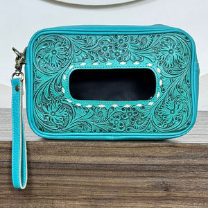 Porte-mouchoirs en cuir de vache de luxe, style western, floral, nouveau, artisanal, en cuir travaillé à la main, boîte à lingettes humides pour tableau de bord de voiture et décoration de la maison - Product Image 5