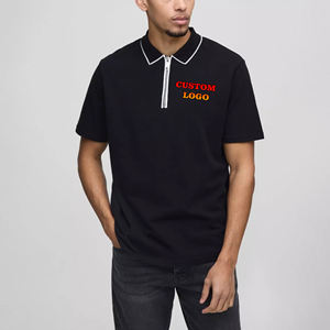 เสื้อเชิ้ตผู้ชายแขนสั้นสีดำล้วน ผ้าฝ้ายถัก 100% แบบสั่งทำพิเศษ พร้อมซิป พิมพ์โลโก้ DTF ตามแบบที่ต้องการ แห้งเร็ว มีกระเป๋า - Product Image 1