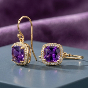 Blue Amethyst Cushion Cut CZ Earrings 10MM – 925 <b>Sterling</b> <b>Silver</b> 18K Gold Plated Classic Jewelry - Product Image 4