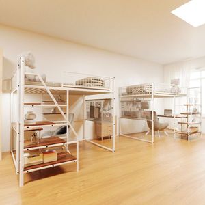 Full-Size Loft Metal <b>Bed</b> with <b>LED</b> Lighting and Charging Station for Bedroom and Dormitory White Color - Product Image 5