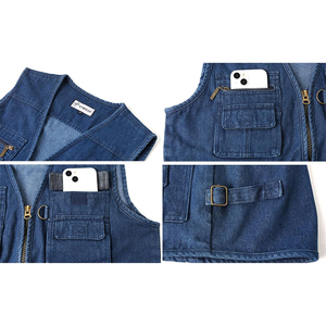 Gilet en jean multi-poches coupe ajustée, style décontracté, en coton bleu respirant, style automne, taille haute, délavage clair, boutonné - Product Image 6
