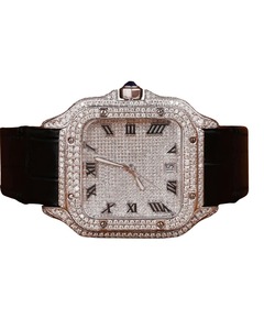 Montre pour homme sertie de moissanite taille ronde, en or blanc avec bracelet en cuir, cadran de luxe, style hip-hop, personnalisable - Product Image 1