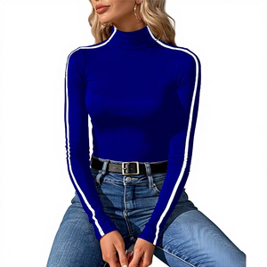 Pull à col rond pour femme, printemps automne, couleurs contrastées, t-shirt décontracté à manches longues, 100% coton biologique - Product Image 1