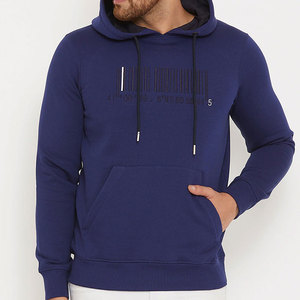 Sudadera con capucha azul marino para hombre, corte regular, tejido de algodón, informal, con bolsillo frontal y estampado de código de barras - Product Image 1