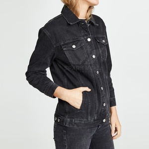 Custom Women's Black <b>Denim</b> <b>Jacket</b> Button Front Long Sleeve Casual Jean <b>Jacket</b> with Chest Flap Pockets Wholesale - Product Image 3