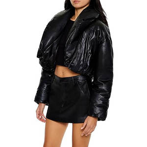 Veste courte matelassée en PU noir, col montant, fermeture éclair, coupe-vent, style streetwear - Product Image 2